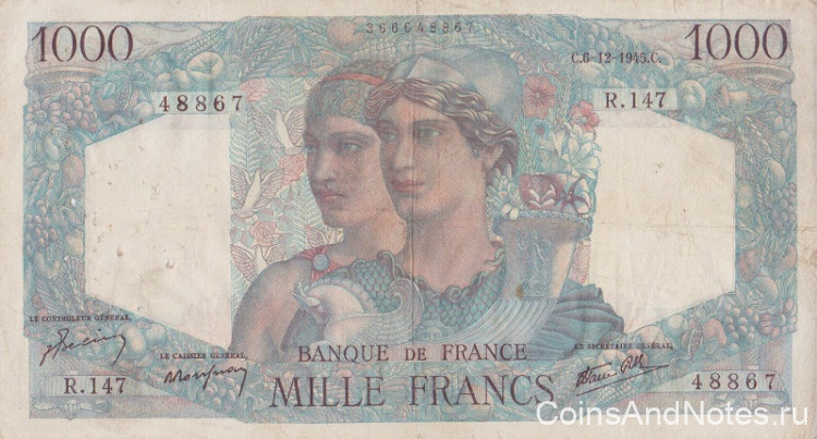 1000 франков 06.12.1945 года. Франция. р130а(45)