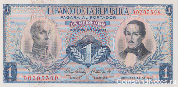 1 песо 12.10.1963 года. Колумбия. р404b(63)