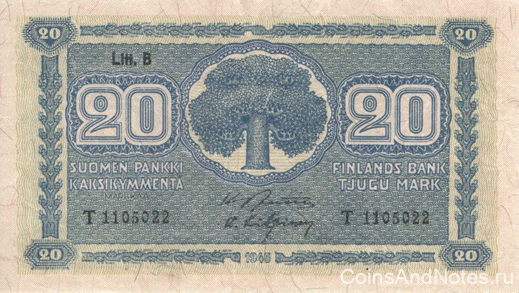 20 марок 1945 года. Финляндия. р86(9) 20 марок 1945 года. Финляндия. р86(9)