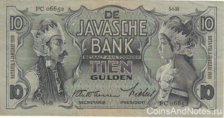 10 гульденов 05.01.1938 года. Голландская Индонезия. р79b