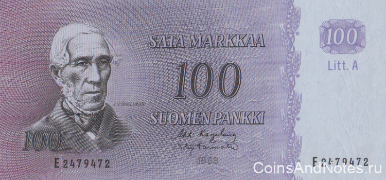 100 марок 1963 года. Финляндия. р106а(12)