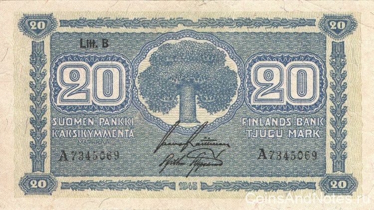 20 марок 1945 года. Финляндия. р86(11)