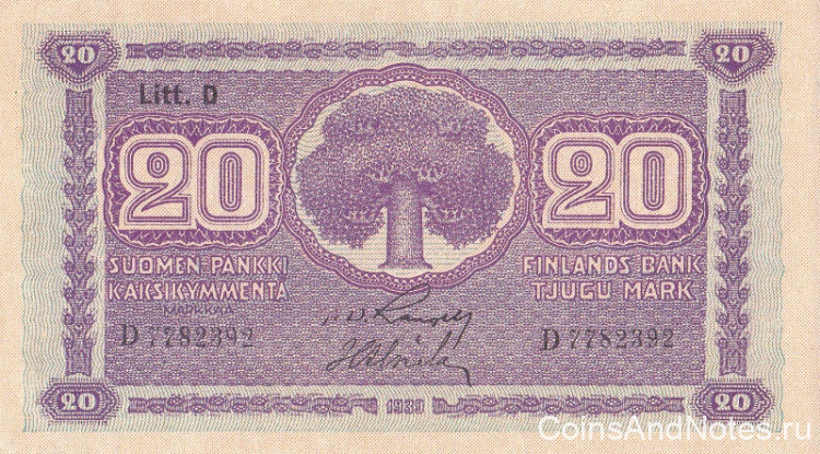 20 марок 1939 года. Финляндия. р71а(10)