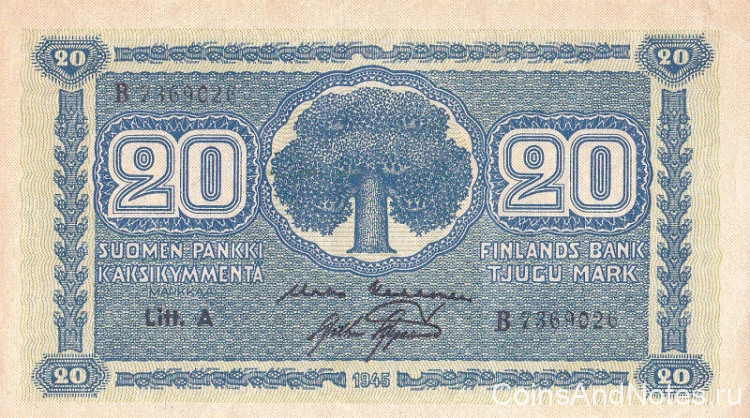 20 марок 1945 года. Финляндия. р78а(14)