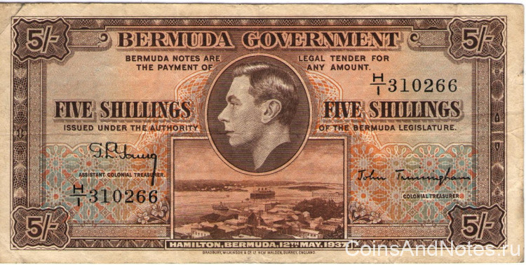 5 шиллингов 12.05.1937 года. Бермудские острова. р8b
