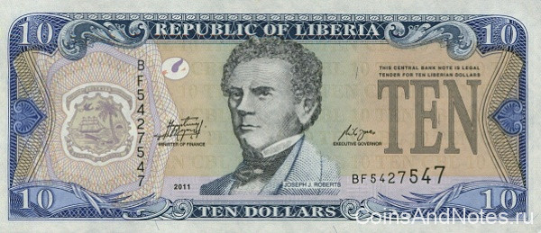 10 долларов 2011 года. Либерия. р27f