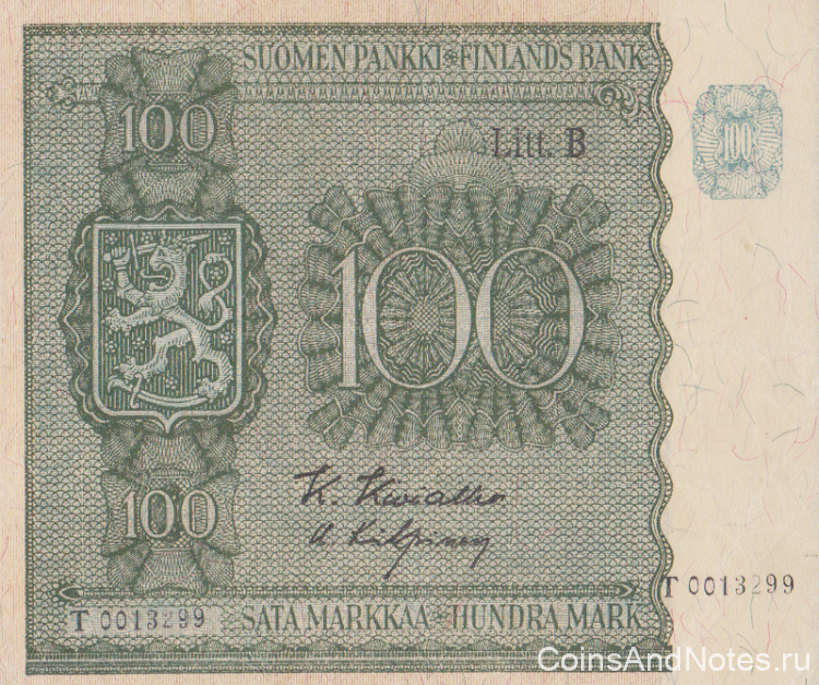 100 марок 1945 года. Финляндия. р88(5)