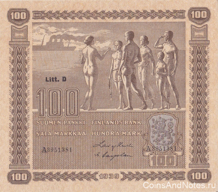 100 марок 1939 года. Финляндия. р73a(4)