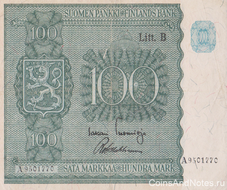 100 марок 1945 года. Финляндия. р88(18)