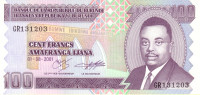 100 франков 01.08.2001 года. Бурунди. р37с