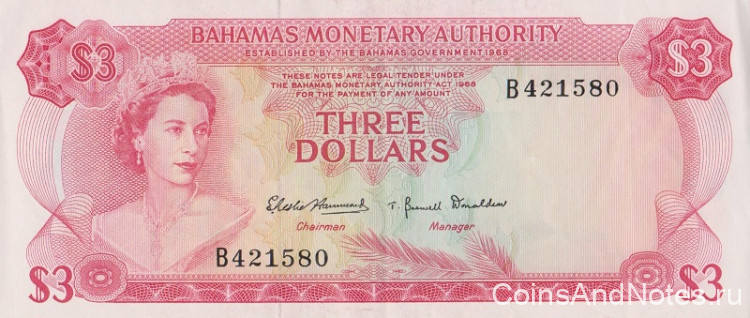 3 доллара 1968 года. Багамские острова. р28