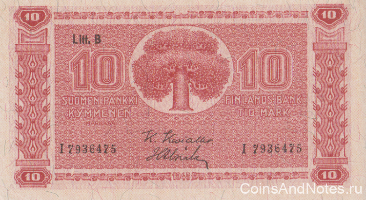 10 марок 1945 года. Финляндия. р85(3) 10 марок 1945 года. Финляндия. р85(3)