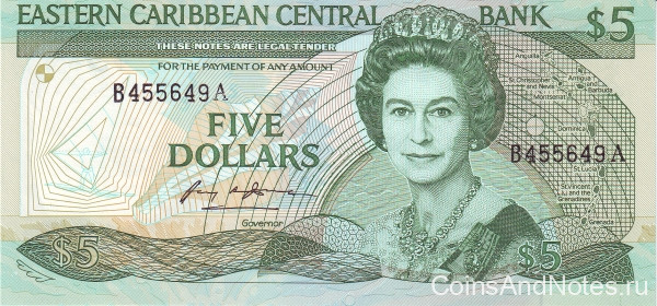 5 долларов 1988-1993 годов. Карибские острова. р22а1