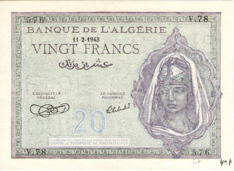 20 франков 1943 года. Алжир. р92а