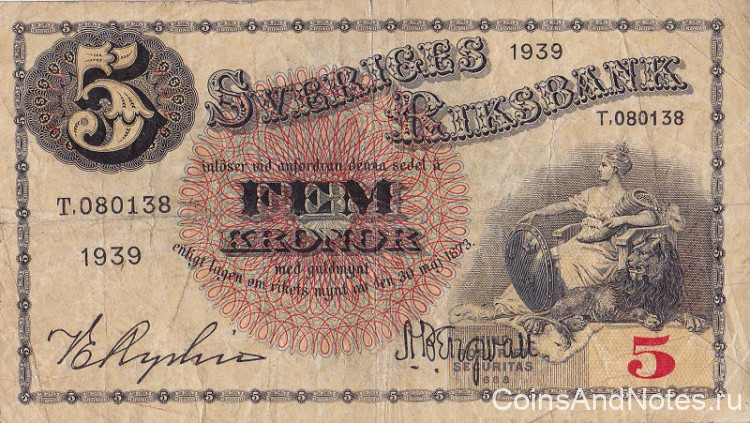 5 крон 1939 года. Швеция. р33v(1)