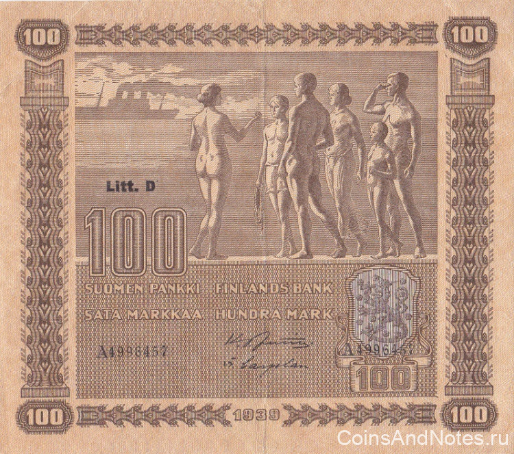 100 марок 1939 года. Финляндия. р73а(14)