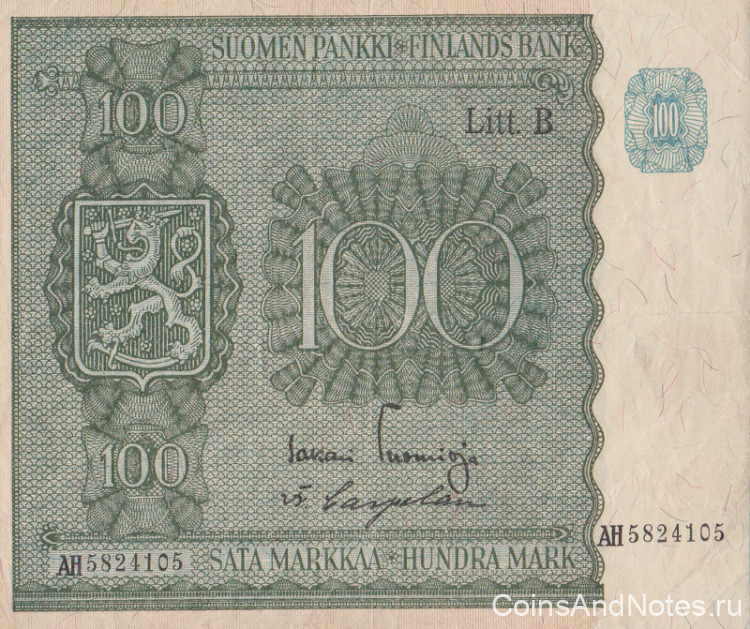 100 марок 1945 года. Финляндия. р88(21)