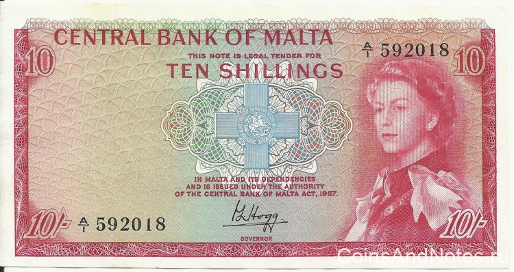 10 шиллингов 1967(1968) года. Мальта. р28