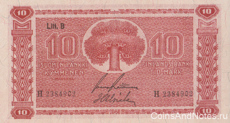 10 марок 1945 года. Финляндия. р85(12)