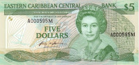 Банкнота 5 долларов 1986-1898 годов. Карибские острова. р18м