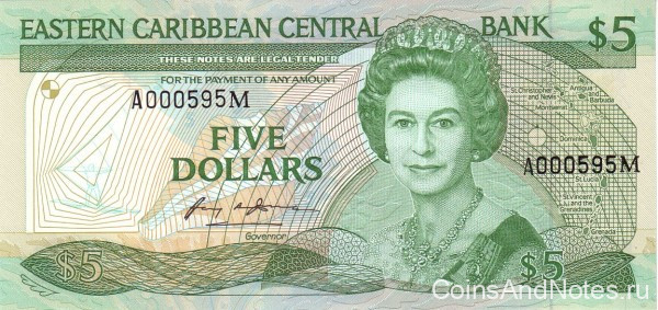 5 долларов 1986-1898 годов. Карибские острова. р18м
