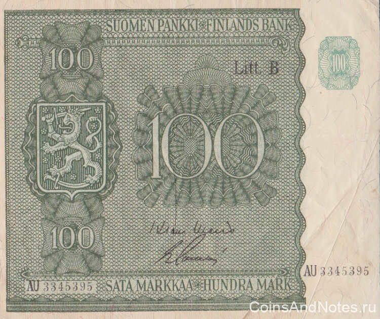 100 марок 1945 года. Финляндия. р88(33)