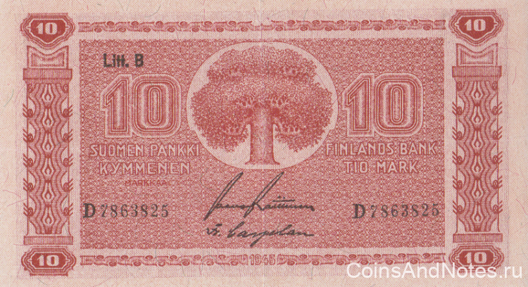 10 марок 1945 года. Финляндия. р85(13)