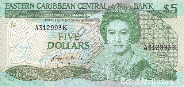 5 долларов 1986-1988 годов. Карибские острова. р18к