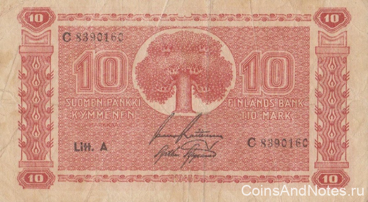 10 марок 1945 года. Финляндия. р77а(11)
