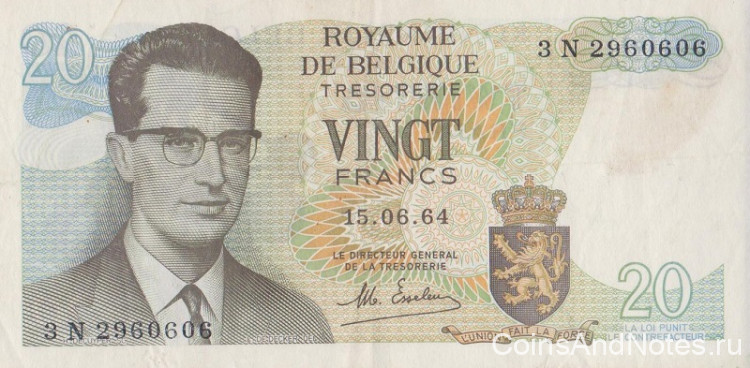 20 франков 1964 года. Бельгия. р138(2)