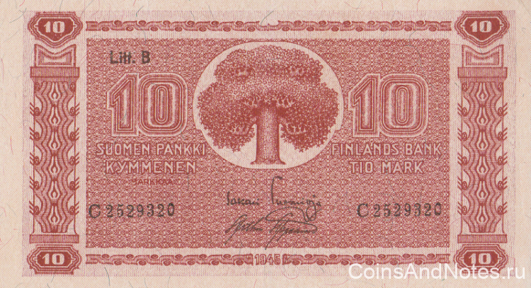 10 марок 1945 года. Финляндия. р85(16)