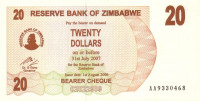 20 долларов 01.08.2006 года. Зимбабве. р40