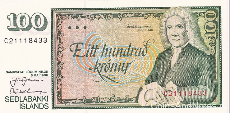 100 крон 1986 года. Исландия. р54а(1)