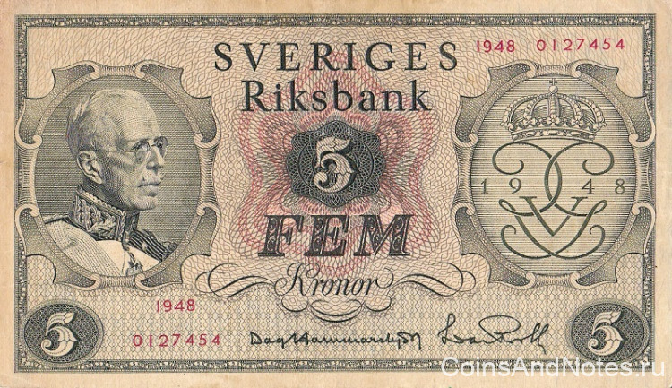 5 крон 1948 года. Швеция. р41