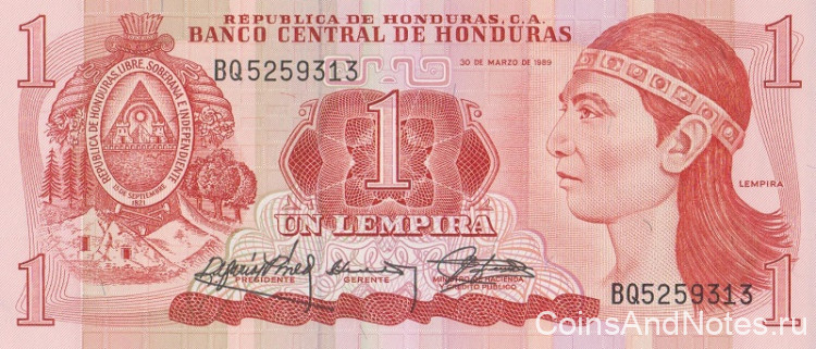 1 лемпира 30.03.1989 года. Гондурас. р68с