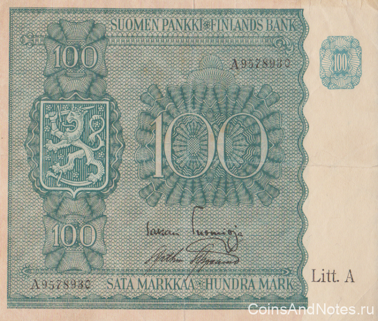 100 марок 1945 года. Финляндия. р80а(10)