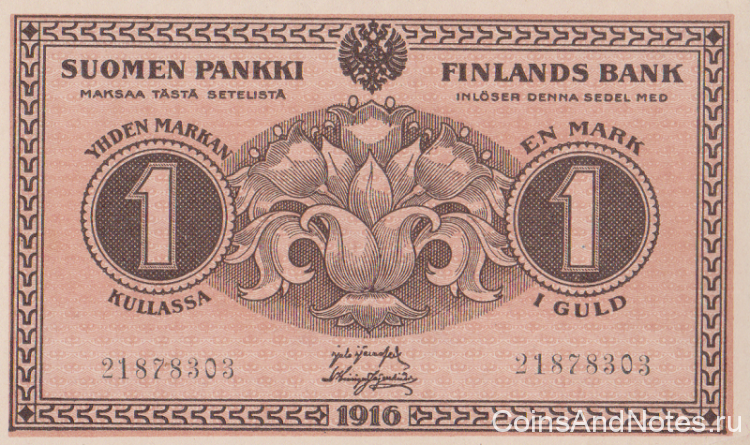 1 марка 1916(1918) года. Финляндия. р19G(4)