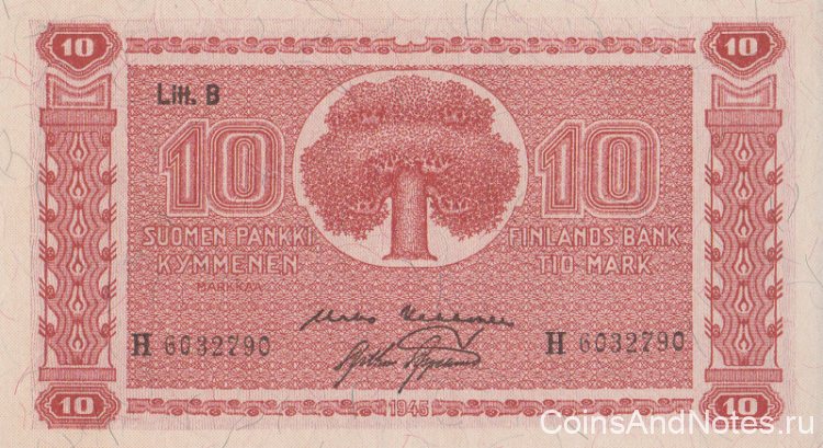 10 марок 1945 года. Финляндия. р85(21)