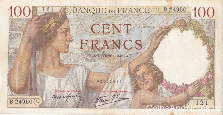 100 франков 30.10.1941 года. Франция. р94(41)