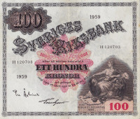 100 крон 1959 года. Швеция. р48а