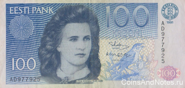 100 крон 1991 года. Эстония. р74а