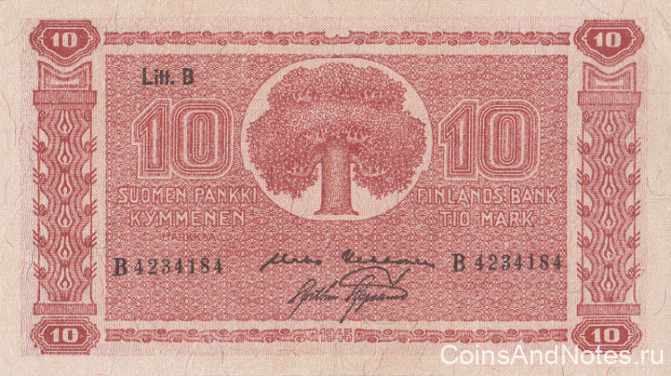 10 марок 1945 года. Финляндия. р85(21)