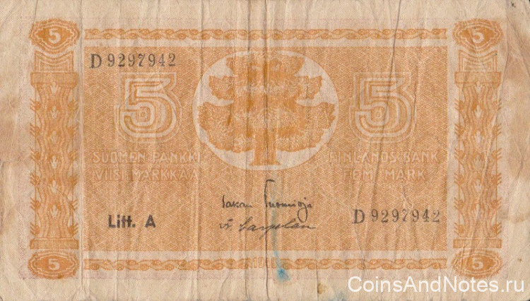 5 марок 1945 года. Финляндия. р76а(12)